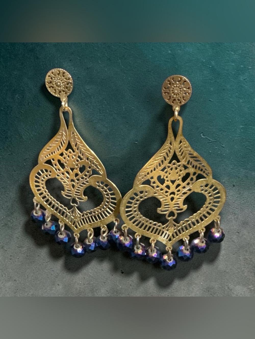 Gold Filigree Drop Earrings with Iridescent Beads